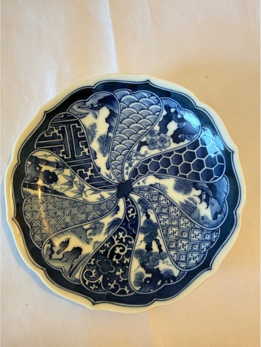 Vintage Japanese Blue and White Porcelain Decorative Plate with Floral and Geom.